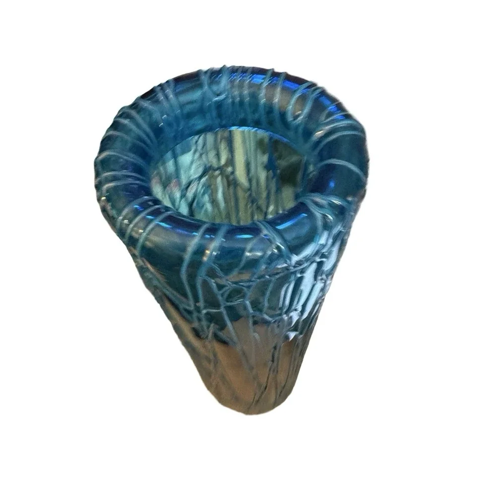 Vintage Studio Art Blown Glass Vase Seaweed Viens Pattern with Rolled Rim 14